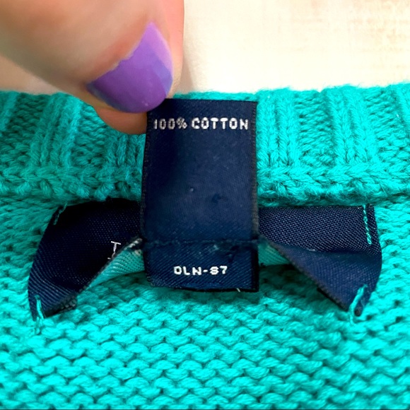 Land’s End Drifter Teal Cable Knit Sweater Sz L 100% Cotton Crew - Picture 4 of 5